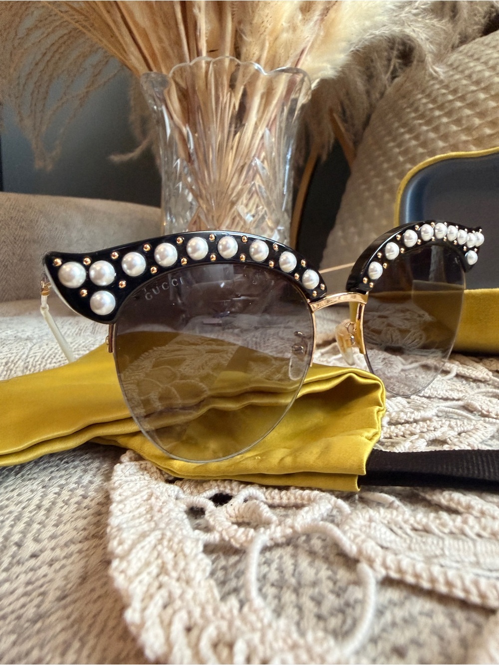 Gucci Black Cat-Eye Sunglasses with Pearl Trim